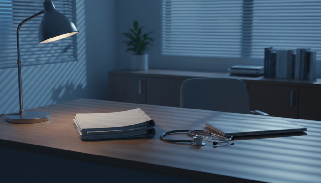 Medical office desk after hours with stacked files, a stethoscope, a closed laptop and a desk lamp