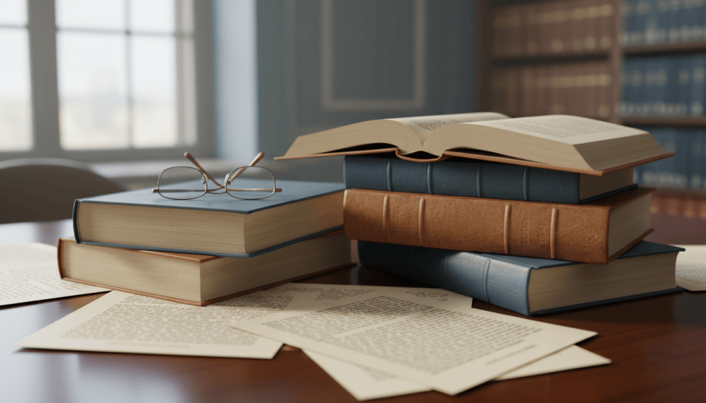 Stacked law books and loose printed pages on a library table with reading glasses on top