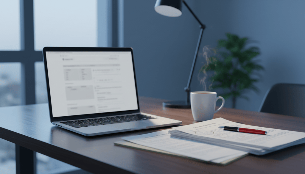 Laptop showing a web page draft beside printed pages, a red pen and a coffee cup on an office desk
